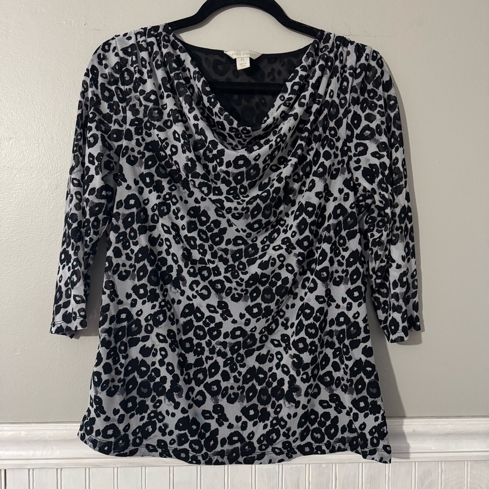 Laura Ashley | Leopard Print Draped Neck 3/4 Sleeve Blouse Size PL Petite L